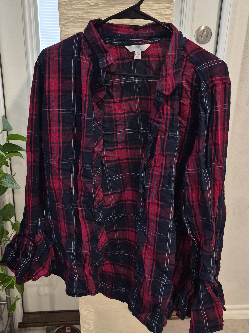 Time and Tru Red & Navy Plaid Ruffle-Trim Button-Down Shirt